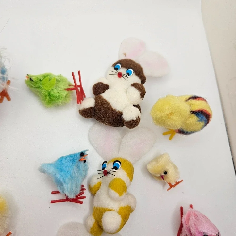 Vintage Flocked Easter Bunny & Chick Lot Feather Chicks Japan Style Spring Decor